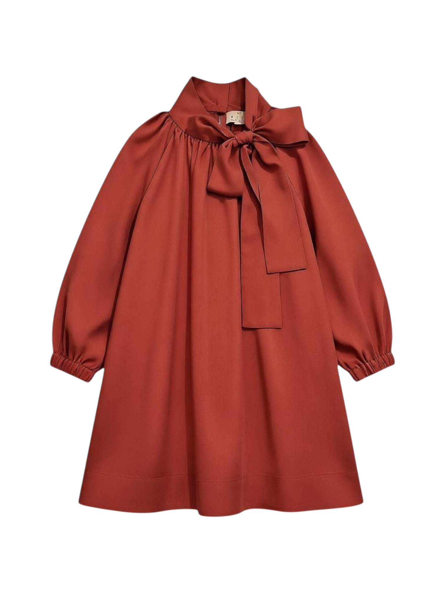 Eleganta meiteņu kleita ar banti kakla daļā, brūnā krāsā, garām piedurknēm. Bērnu svētku kleita.