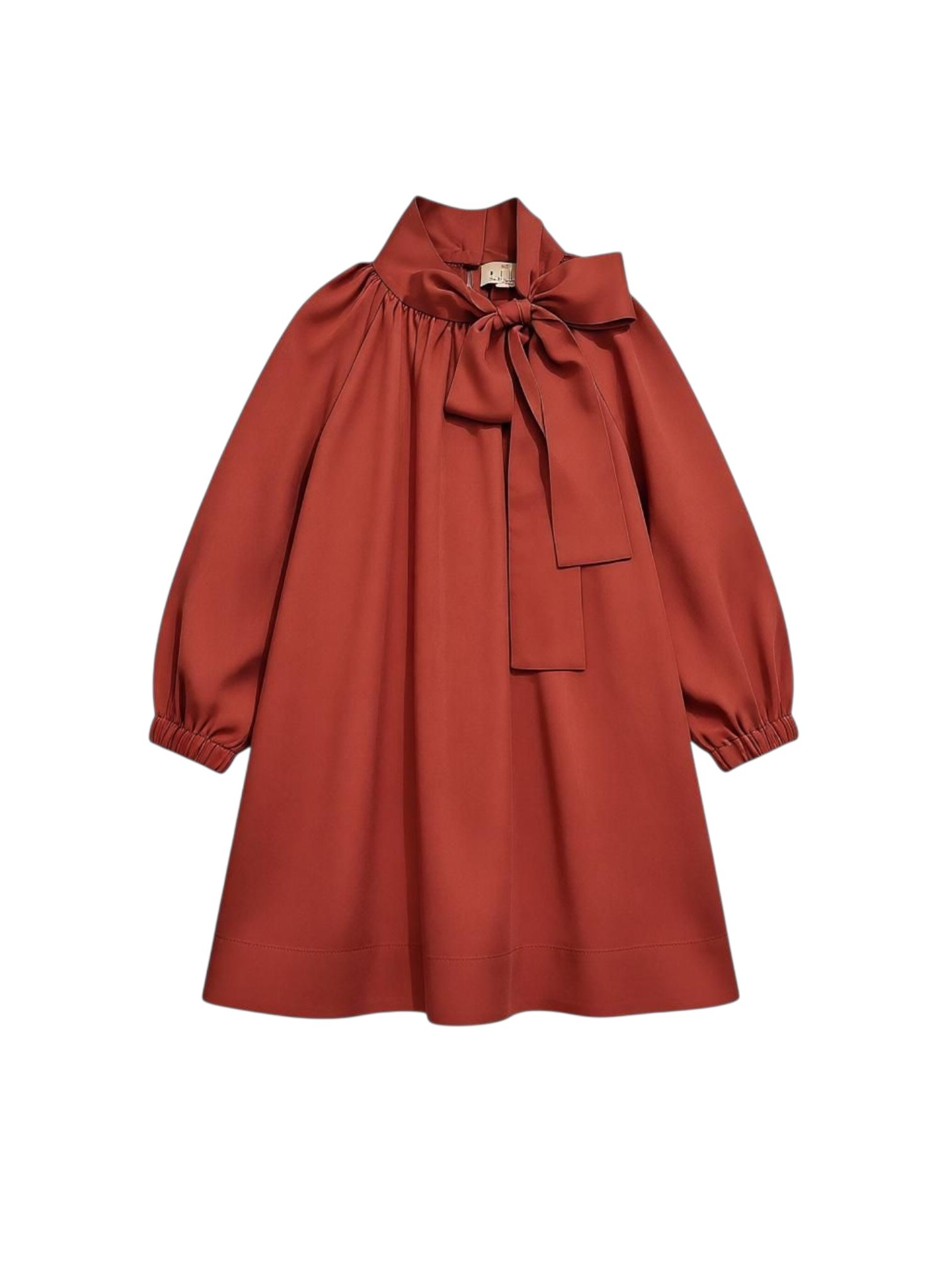 Eleganta meiteņu kleita ar banti kakla daļā, brūnā krāsā, garām piedurknēm. Bērnu svētku kleita.