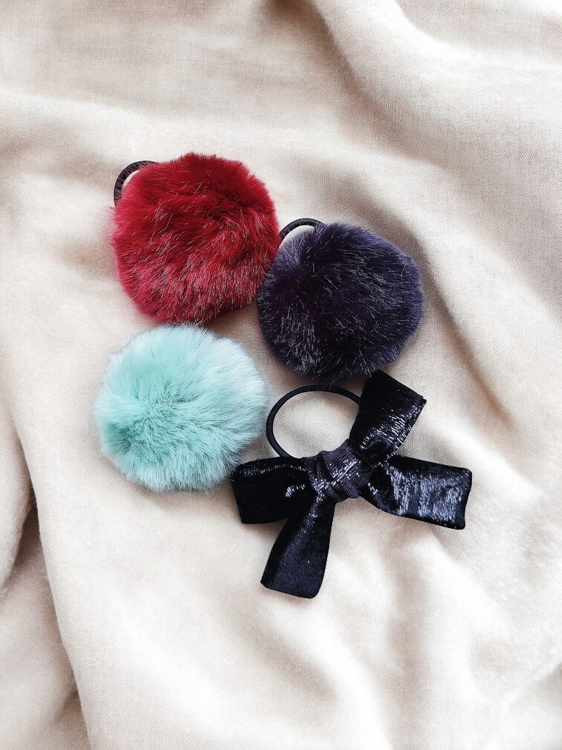 Faux Fur Pom Pom Red Navy Nlue Mint Hair Bow Black Hair accessory set. Colorful faux fur pom pom hair ties (dark red, dark blue, mint) and one black velvet bow with shimmer.