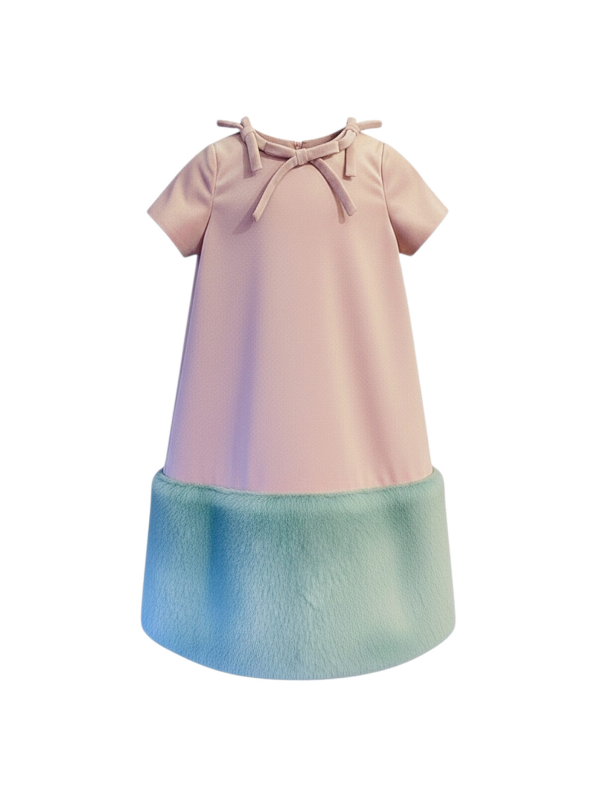 Girl's dress with a light pink velvet top and a voluminous mint green faux fur bottom. A unique festive dress with short sleeves.