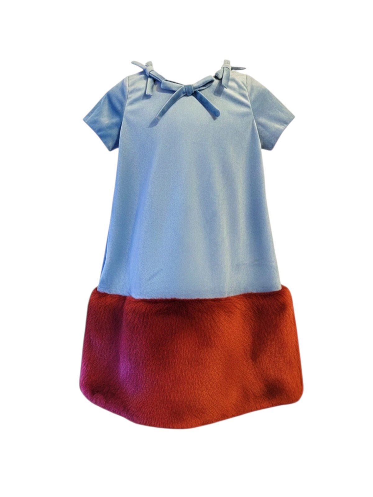 Girl's dress with a light blue velvet top and a voluminous burgundy faux fur bottom. A unique festive dress with short sleeves.