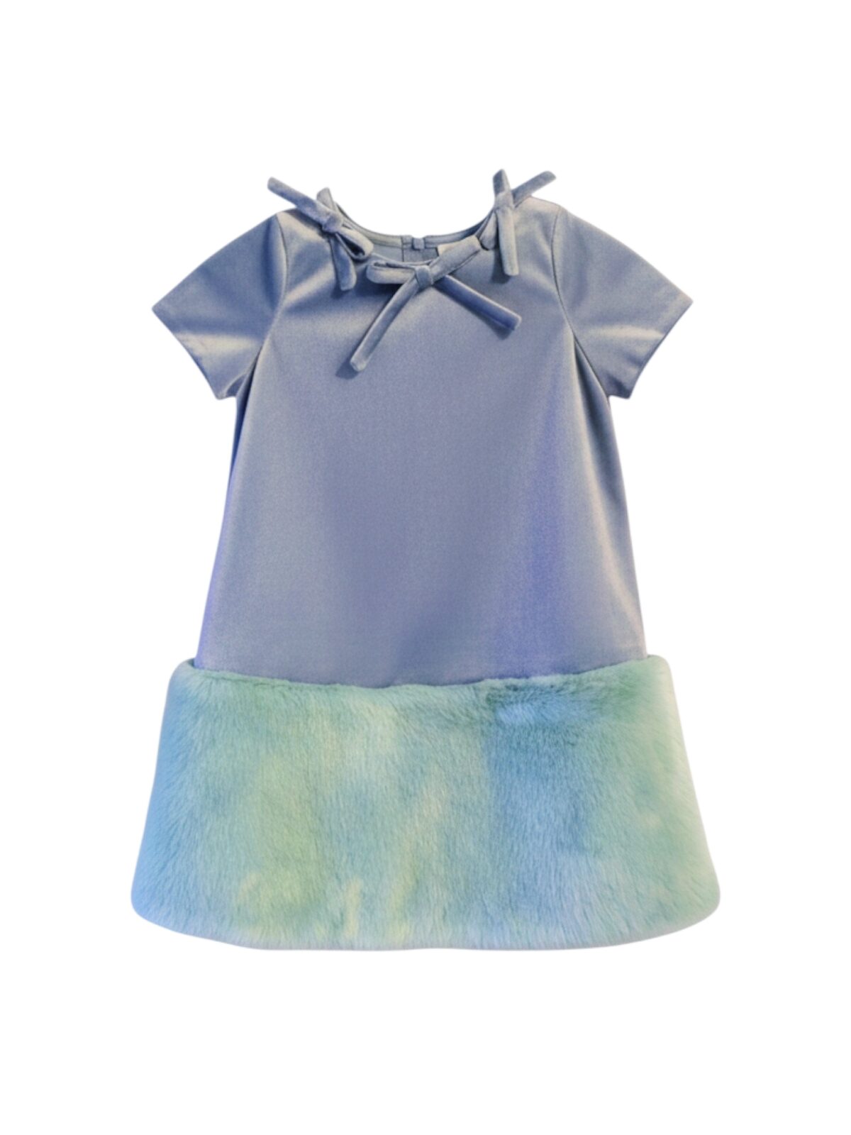 Velvet_Dress_Faux_Fur_Girls_Dress_Blue Girl's dress with a light blue velvet top and a voluminous mint faux fur bottom. A unique festive dress with short sleeves.