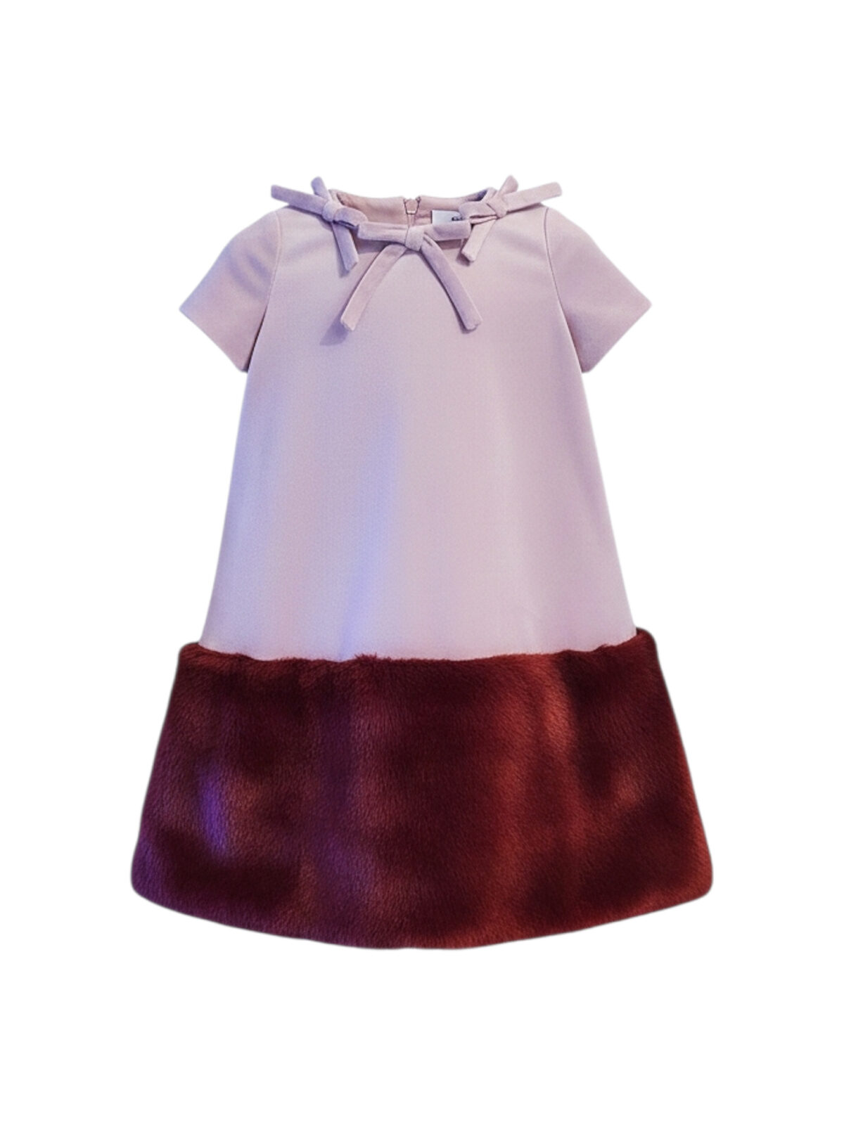 Velvet_Dress_Faux_Fur_Girls_Dress_Very_Berry Girl's dress with a light pink velvet top and a voluminous burgundy faux fur bottom. A unique festive dress with short sleeves.