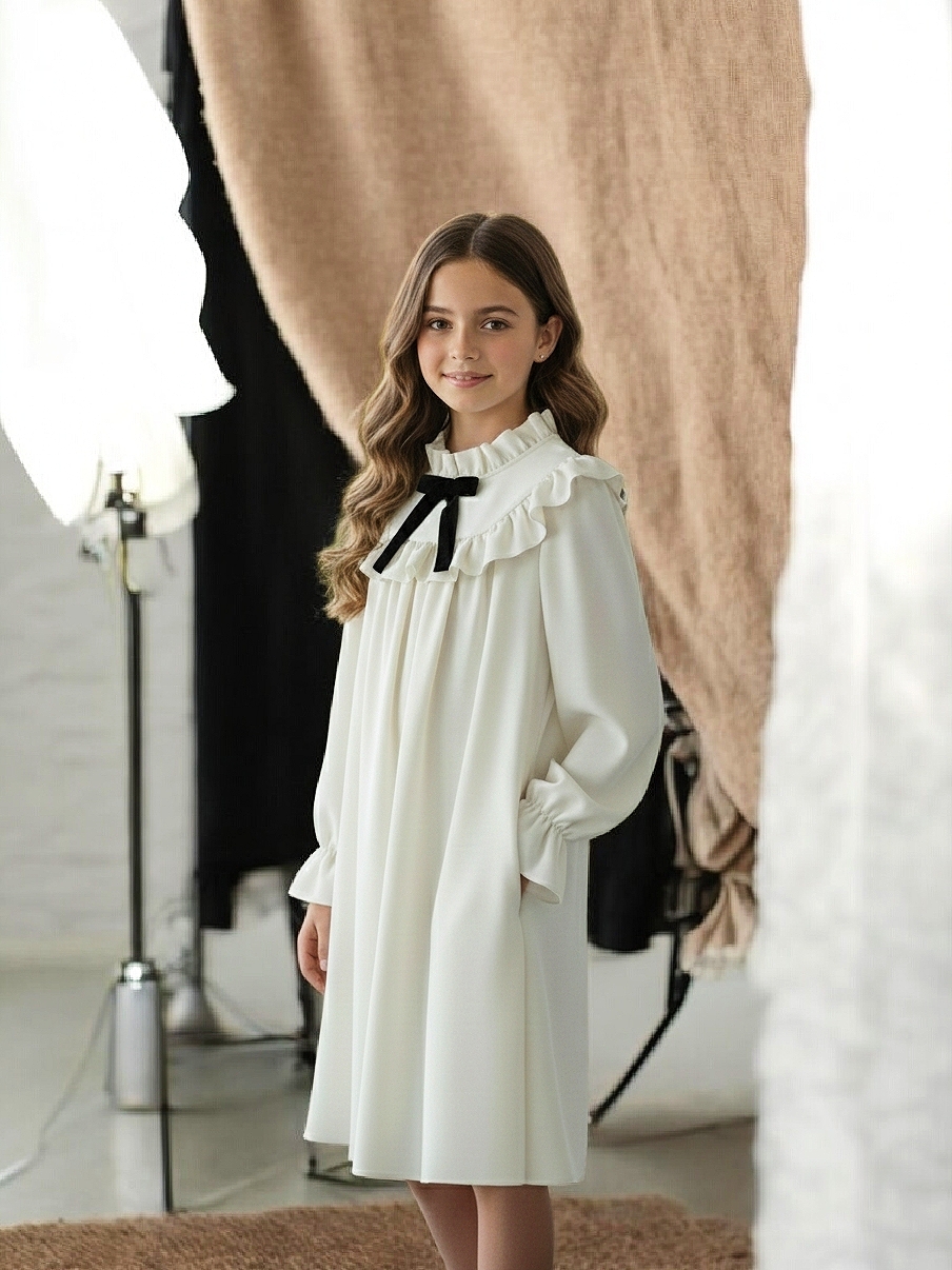 Svētku Kleita Meitenei Baltā Krāsā Svētku kleita meitenei baltā krāsā, brīva piegriezuma, ar kuplām piedurknēm un banti.