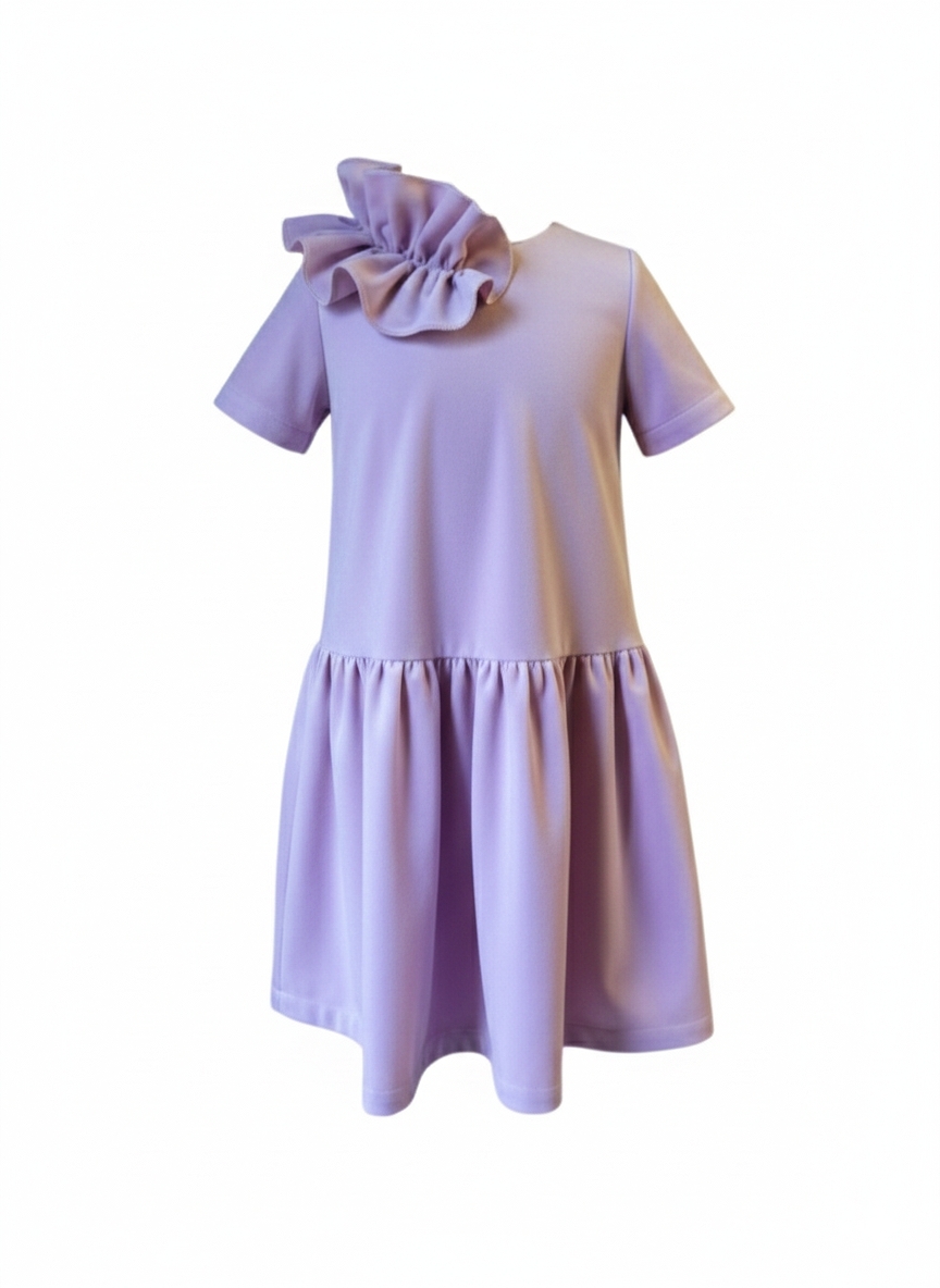 Soft pink velvet dress for girls with a decorative shoulder ruffle.