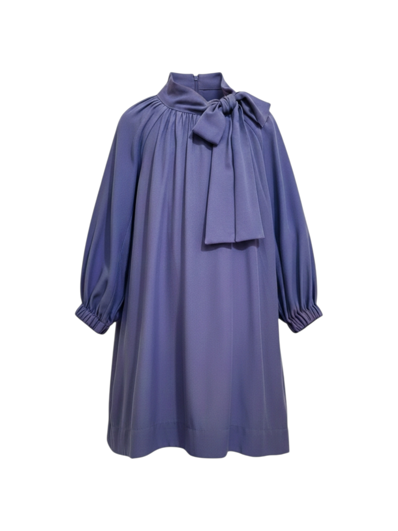 Eleganta meiteņu kleita ar banti kakla daļā, zilā krāsā, garām piedurknēm. Bērnu svētku kleita.